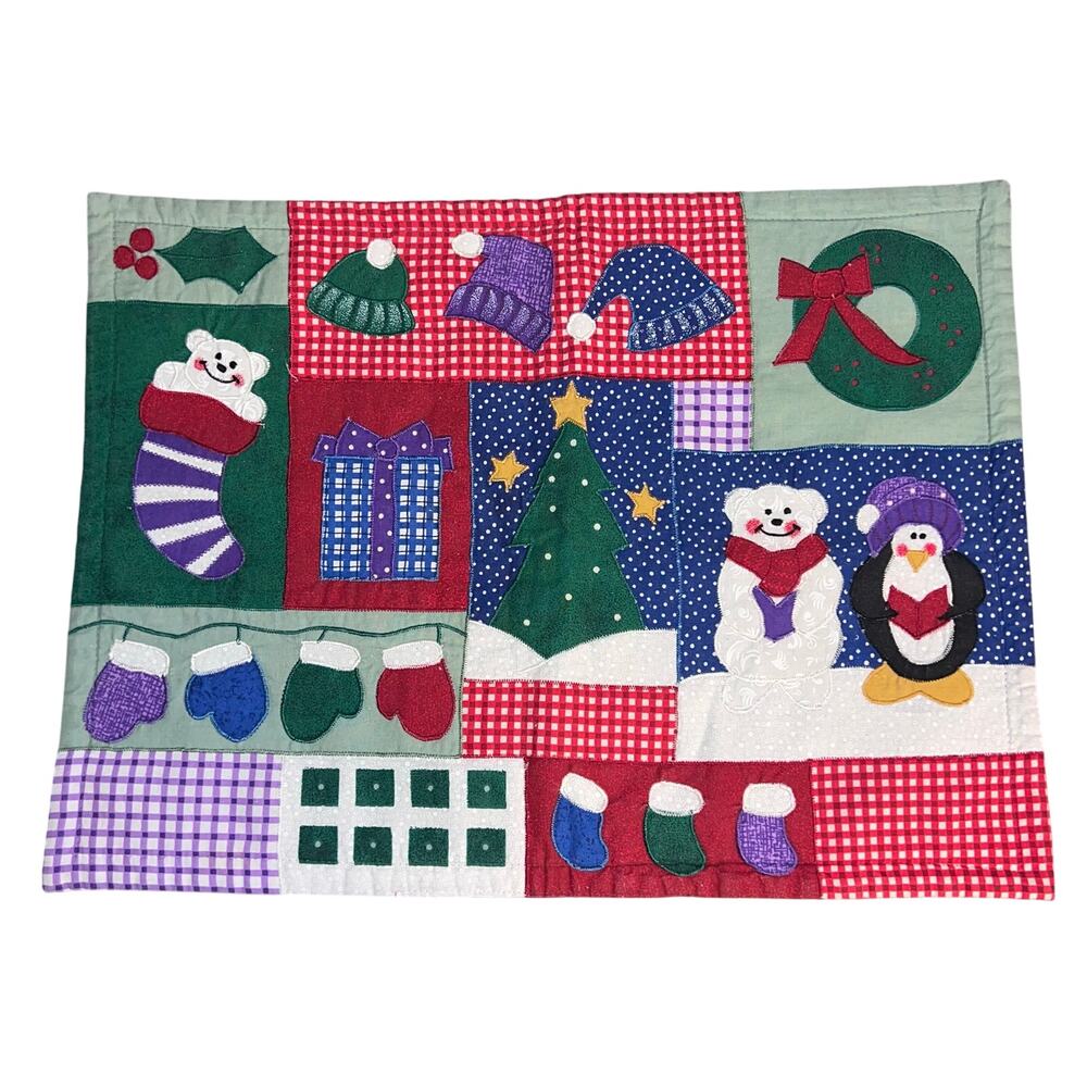 Holiday Winter Quilted Embroidered Snowman Mittens …Placemats Set‎ of Two